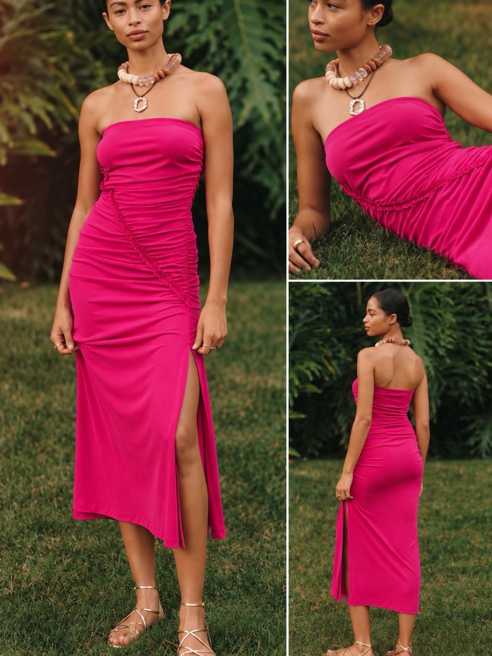 Strapless Ruched Midi Dress in Magenta by anthropologie